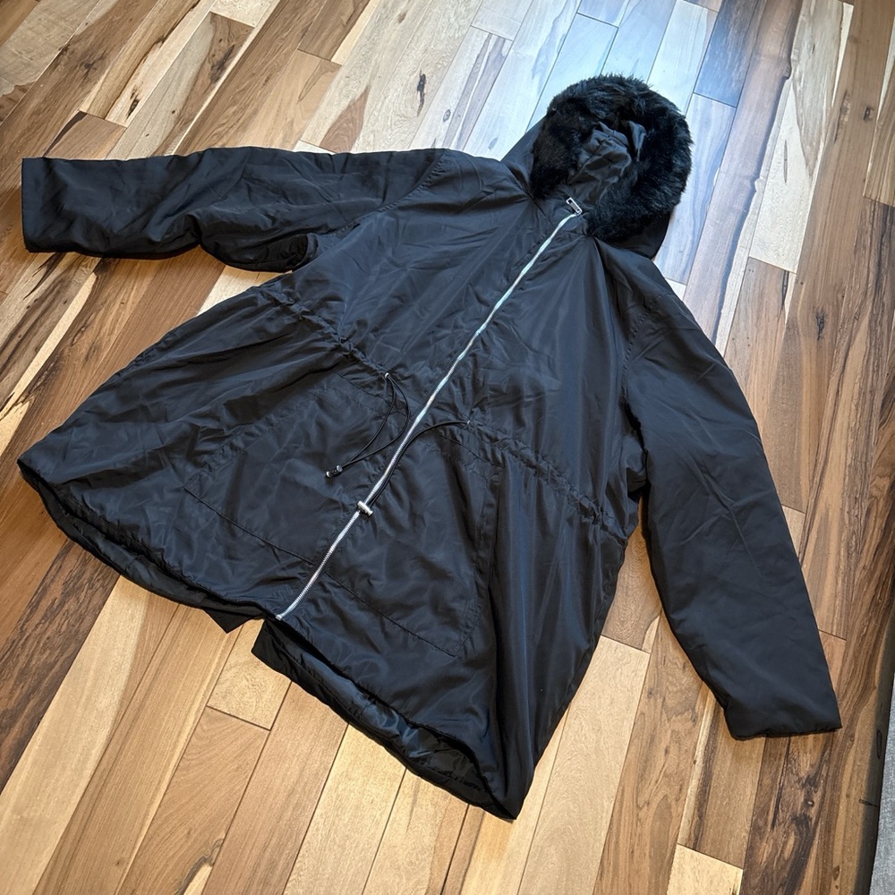 Carson Black coat with faux fur hood